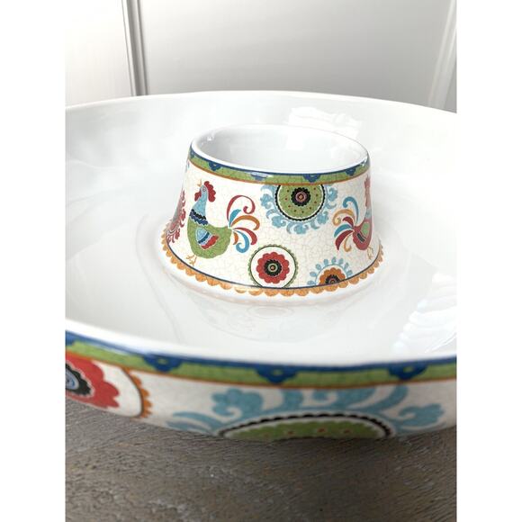 222 FIFTH Suzani Rooster 1 Piece Chip & Dip Serving Bowl Platter 14" Floral EUC - Picture 5 of 14